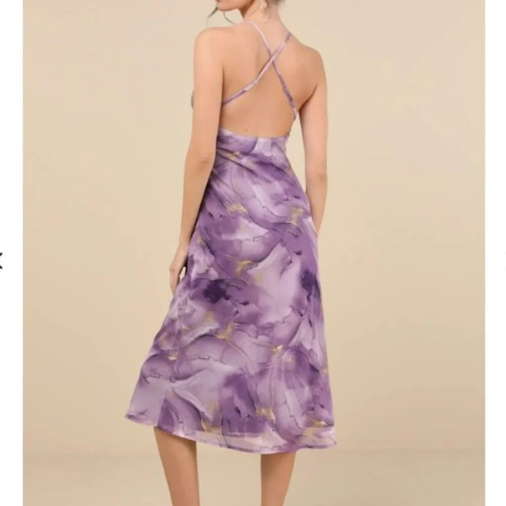 Lulus Bright Charm Purple Abstract Print Chiffon Slip Midi Dress - Size M - Picture 4 of 5